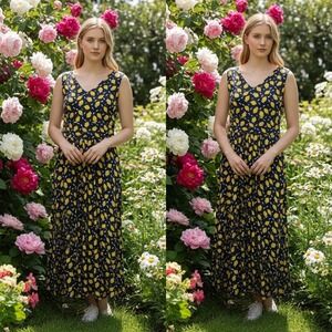 Boden Lemon Print Sleeveless V Neck Maxi Dress Women's US 10 UK 14